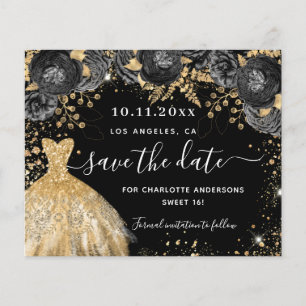 Sweet 16 black gold dress save the date card