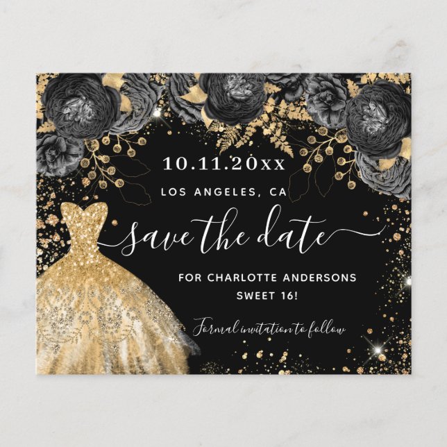 Sweet 16 black gold dress save the date card (Front)