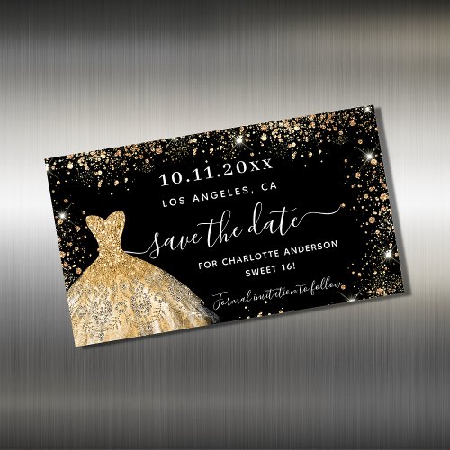 Sweet 16 black gold dress save the date magnet
