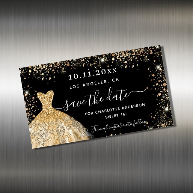 Sweet 16 black gold dress save the date magnet (Creator Uploaded)