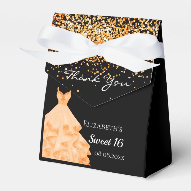Sweet 16 black gold dress thank you favor boxes (Front Side)