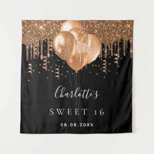 Sweet 16 black gold glitter balloons birthday tapestry