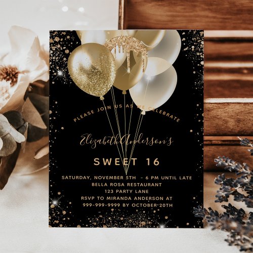 Sweet 16 black gold glitter balloons budget flyer