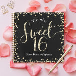 Sweet 16 Black Gold Glitter Birthday Guest Book<br><div class="desc">“Happy Sweet 16”. Let your favorite Sweet 16 birthday girl celebrate her milestone with this stunning keepsake guest book. Gold glitter script typography and confetti overlay a black background. Personalize the custom text with her name and date of event. 10 different inside paper designs and 7 spiral colors to choose...</div>