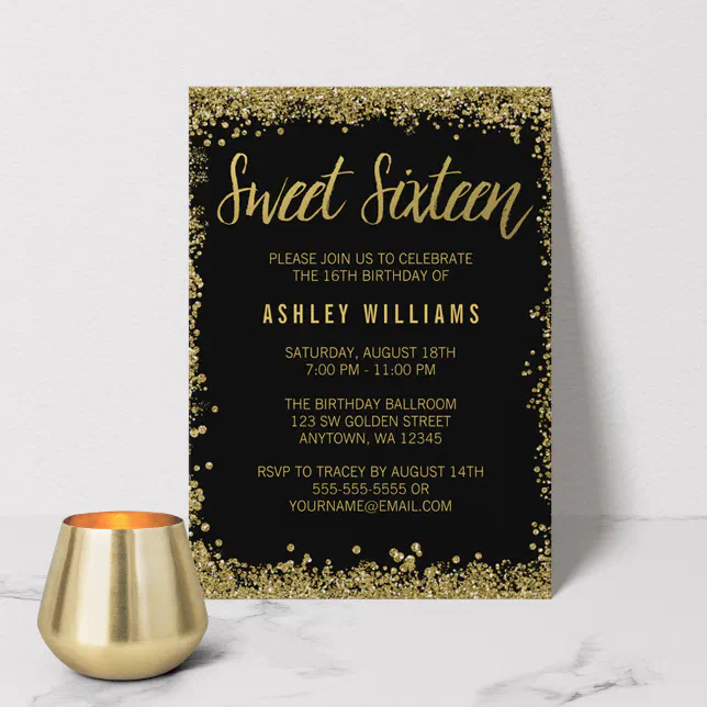 Sweet 16 Black Gold Glitter Birthday Invitation | Zazzle