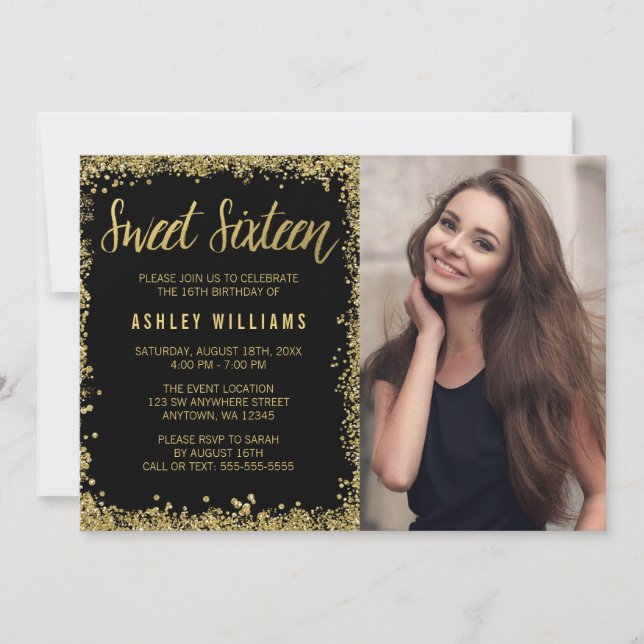 Sweet 16 Black Gold Glitter Birthday Invitation (Front)