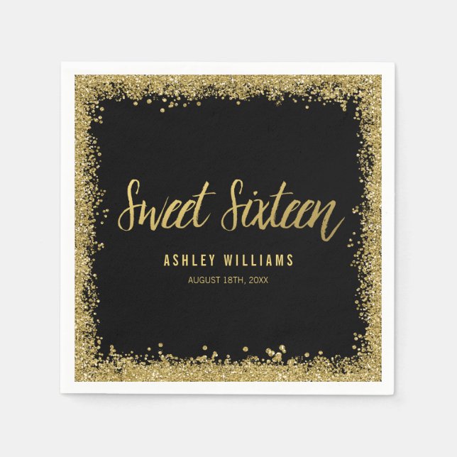 Sweet 16 Black Gold Glitter Birthday Paper Napkins (Front)