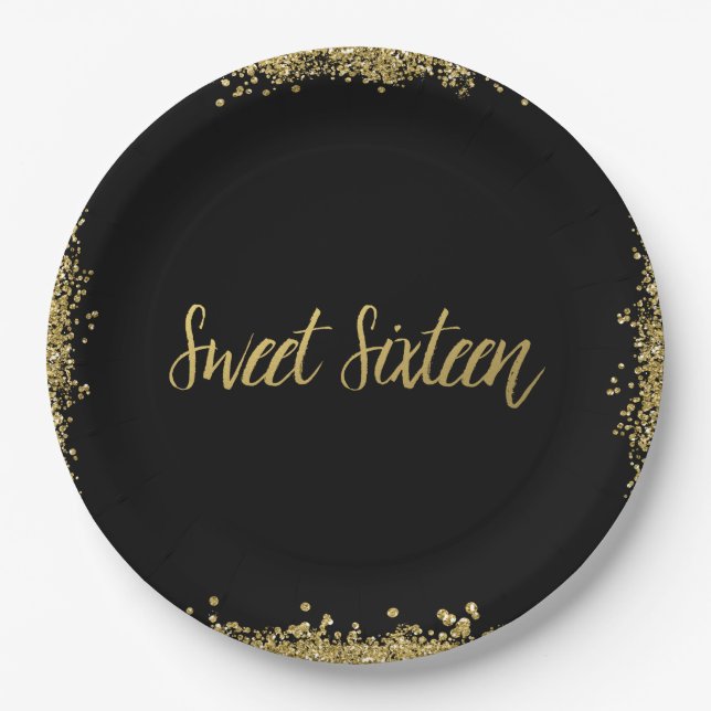 Sweet 16 Black Gold Glitter Birthday Paper Plates (Front)
