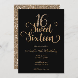 Sweet 16 Black & Gold Glitter Birthday Party Invitation