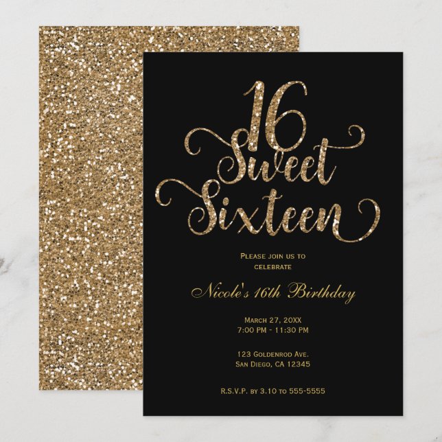 Sweet 16 Black & Gold Glitter Birthday Party  Invitation (Front/Back)