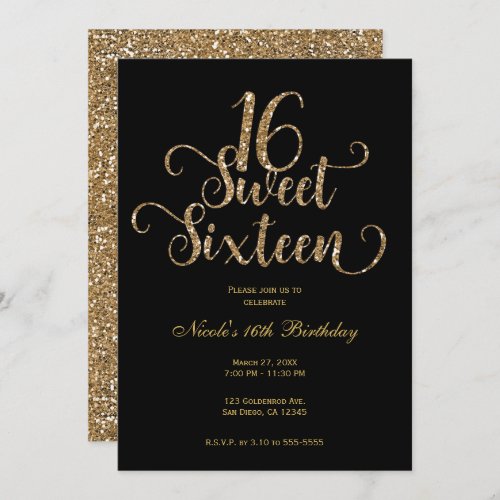 Sweet 16 Black  Gold Glitter Birthday Party  Invitation