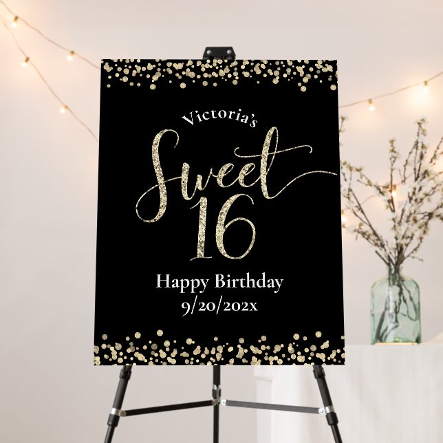 Sweet 16 Black Gold Glitter Bold Birthday Welcome Foam Board (In Situ (Stand))