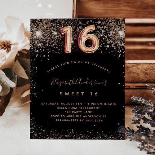 Sweet 16 black gold glitter budget invitation flyer
