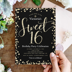 Sweet 16 Black Gold Glitter Chic Girly Birthday Invitation