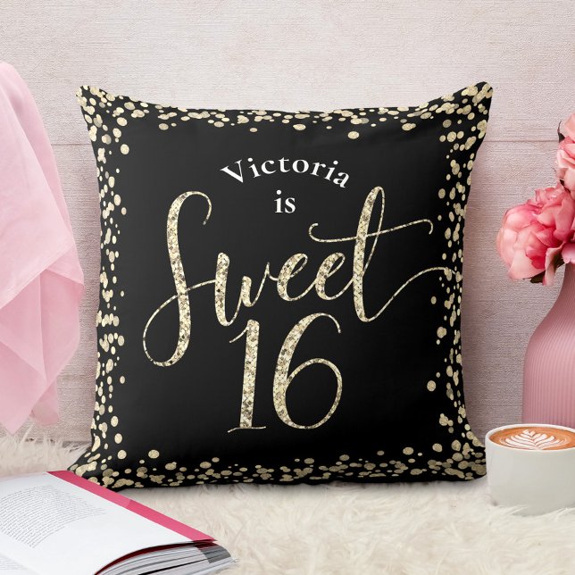 Sweet 16 Black Gold Glitter Confetti Birthday Chic Throw Pillow (Creator Uploaded)