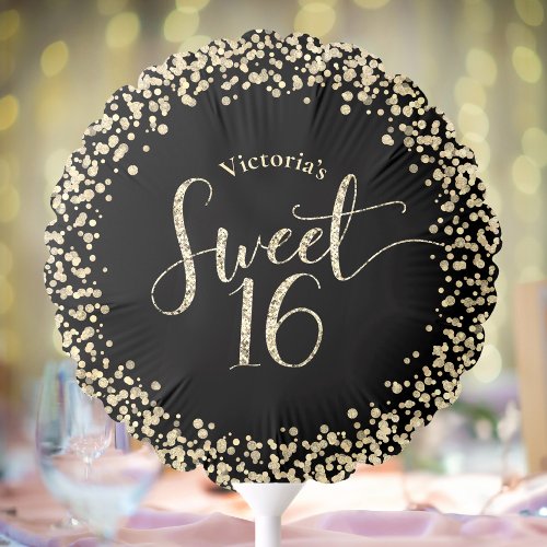 Sweet 16 Black Gold Glitter Confetti Chic Birthday Balloon