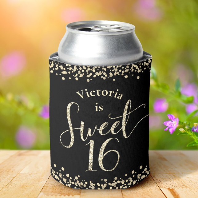 Sweet 16 Black Gold Glitter Confetti Chic Birthday Can Cooler (Creator Uploaded)