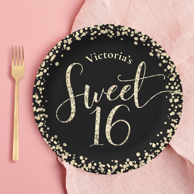 Sweet 16 Black Gold Glitter Confetti Chic Birthday Paper Plates (Creator Uploaded)