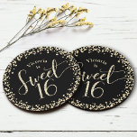 Sweet 16 Black Gold Glitter Confetti Chic Birthday Round Paper Coaster<br><div class="desc">“Happy Sweet 16”. Celebrate her birthday with this fun, stunning, simple, personalized paper coaster. Gold glitter script typography and confetti overlay a black background. Personalize the custom text with your daughter’s name. Choose from multiple shapes. Sold as a set of 6. Great for the budding fashionista who loves modern glitter...</div>