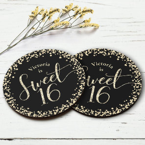 Sweet 16 Black Gold Glitter Confetti Chic Birthday Round Paper Coaster
