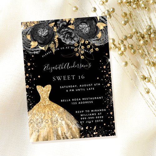 Sweet 16 black gold glitter dress florals party invitation