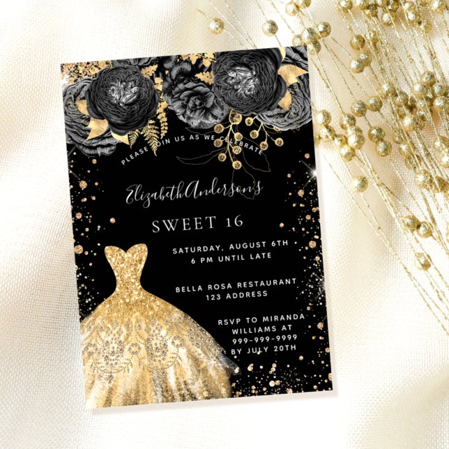 Sweet 16 black gold glitter dress florals party invitation (Creator Uploaded)