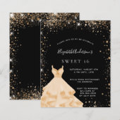 Sweet 16 black gold glitter dress invitation (Front/Back)