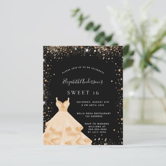 Sweet 16 black gold glitter dress invitation (Standing Front)