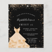 Sweet 16 black gold glitter dress invitation (Front)