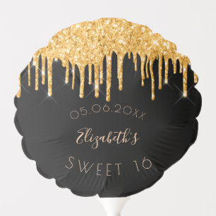 Sweet 16 black gold glitter drips balloon