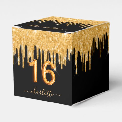 Sweet 16 black gold glitter drips thank you favor boxes