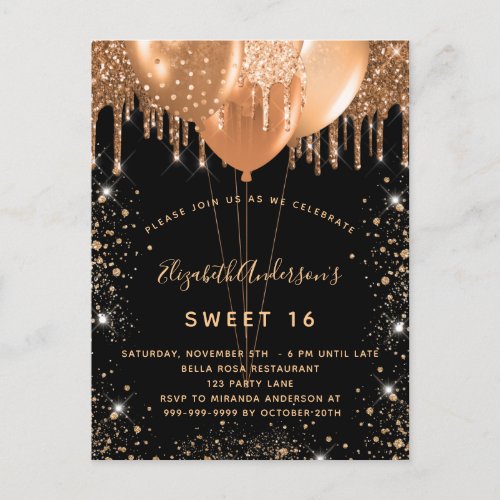 Sweet 16 black gold glitter dust balloons 16th invitation postcard