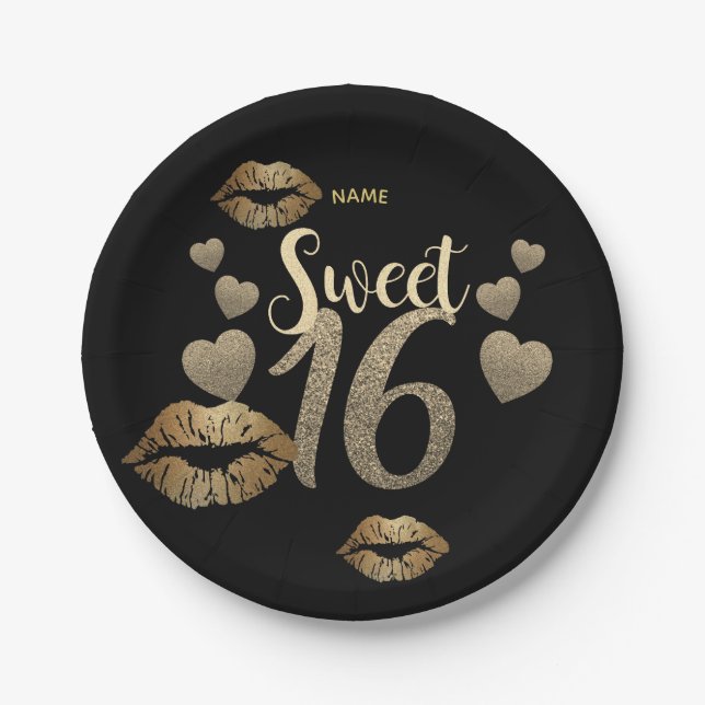 Sweet 16 Black Gold Glitter Personalized Paper Plates (Front)