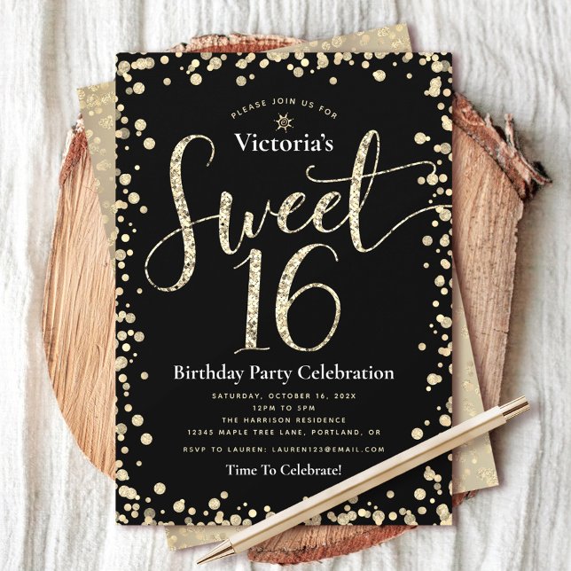 Sweet 16 Black Gold Glitter Script Birthday Chic  Invitation (Creator Uploaded)