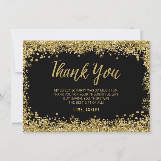 Sweet 16 Black Gold Glitter Thank You Card | Zazzle.com