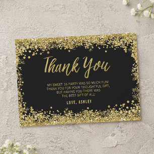 Sweet 16 Black Gold Glitter Thank You Card