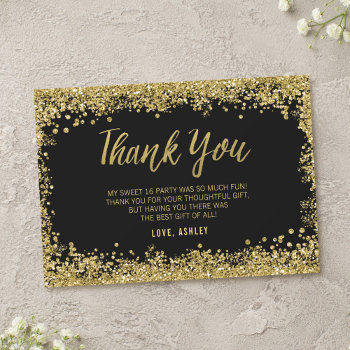 Sweet 16 Black Gold Glitter Thank You Card by printcreekstudio at Zazzle