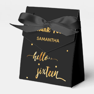 Sweet 16 black gold hello 16 typography name favor boxes