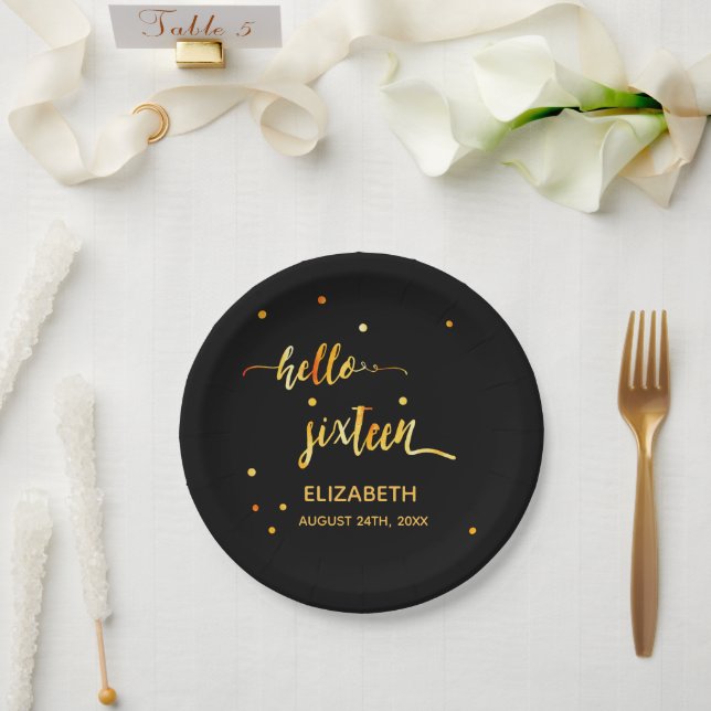 Sweet 16 black gold hello 16 typography name paper plates (Wedding)