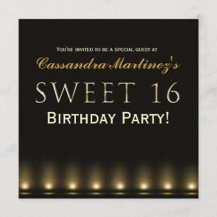 SWEET 16 Black Gold Hollywood Party Invitation