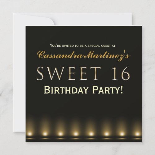SWEET 16 Black Gold Hollywood Party Invitation