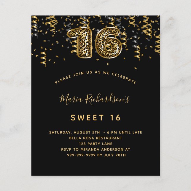 Sweet 16 black gold leopard confetti invitation (Front)