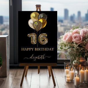 Sweet 16 black gold leopard name script foam board