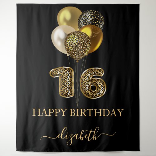 Sweet 16 black gold leopard name script tapestry