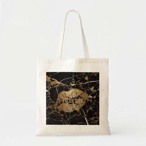 Sweet 16 Black Gold Marble Lips Personalized Tote Bag