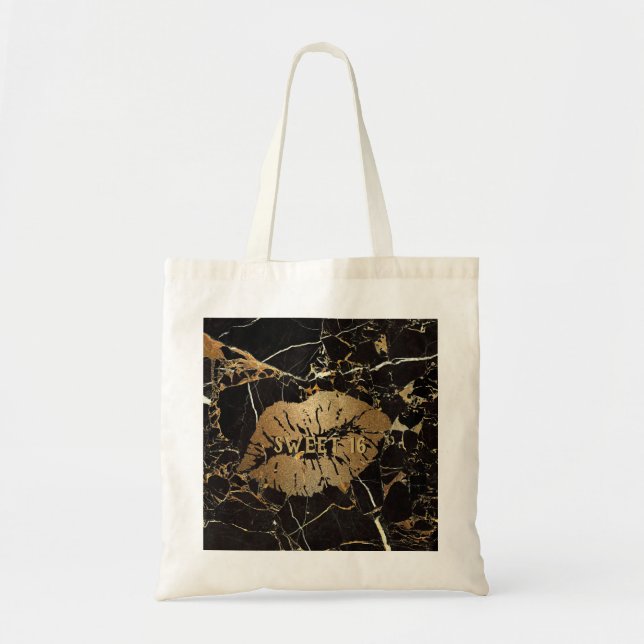 Sweet 16 Black Gold Marble Lips Personalized Tote Bag (Front)