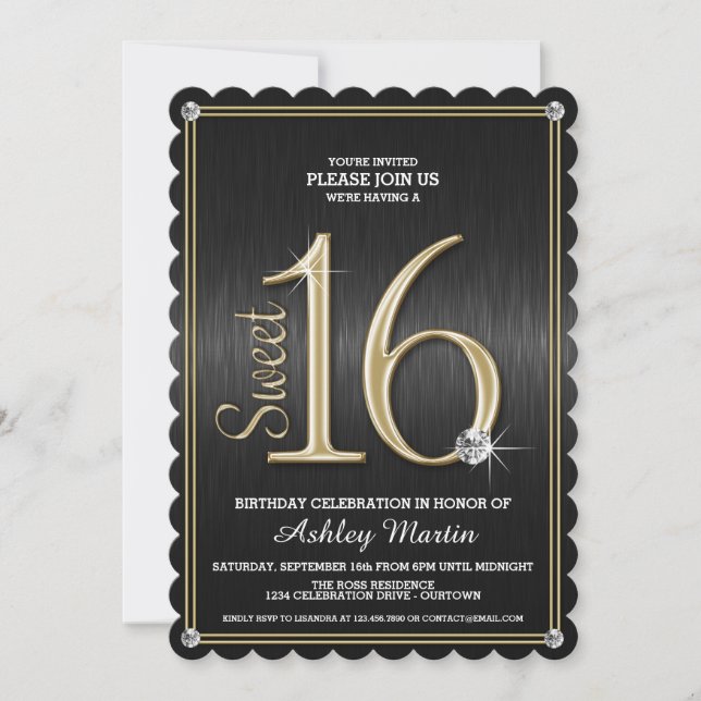 Sweet 16 Black/Gold Metallic Party Invitations (Front)