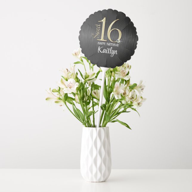 Sweet 16 Black Gold Metallic Personalized Birthday Balloon (Vase)