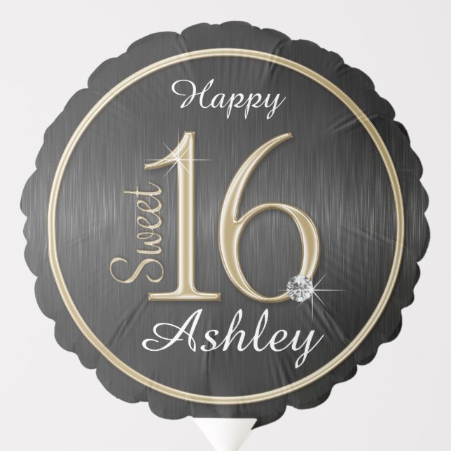 Sweet 16 Black Gold Metallic Personalized Birthday Balloon (Front)