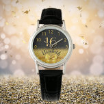 Sweet 16 black gold monogram name watch<br><div class="desc">Elegant, classic, glamorous and feminine. A faux gold colored bow and ribbon with golden glitter and sparkle, a bit of bling and luxury for a birthday gift or keepsake. Black background. Templates for her name, and the age 16. The name is written with a modern hand lettered style script. Golden...</div>